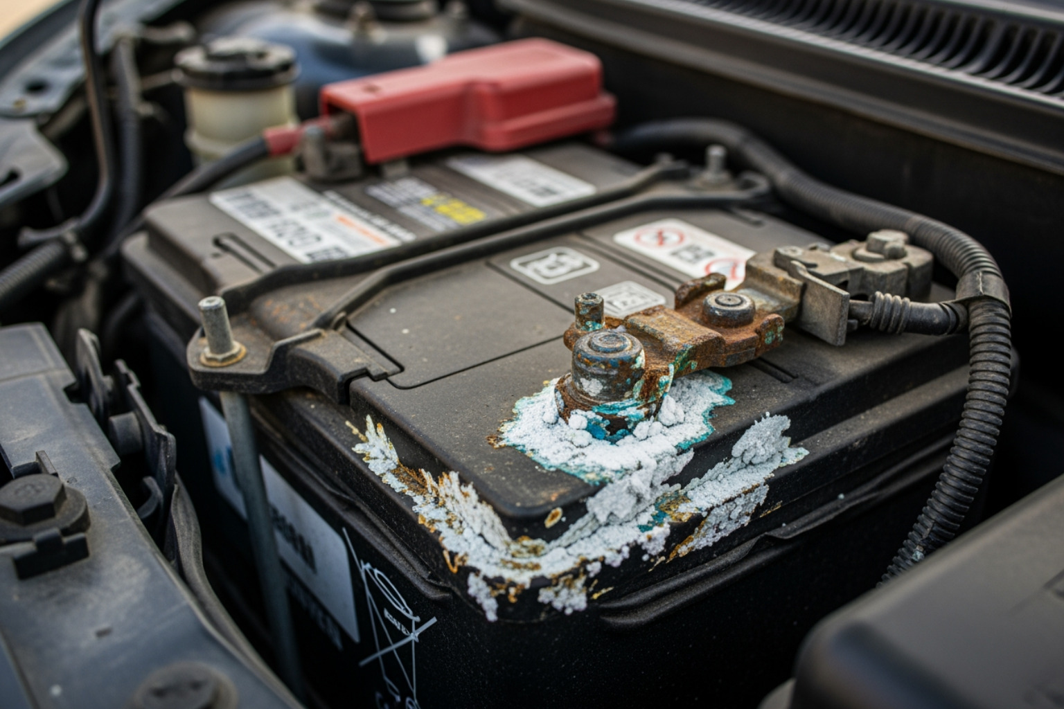 corroded battery terminals with white and blue crusty buildup - electrical problem car
