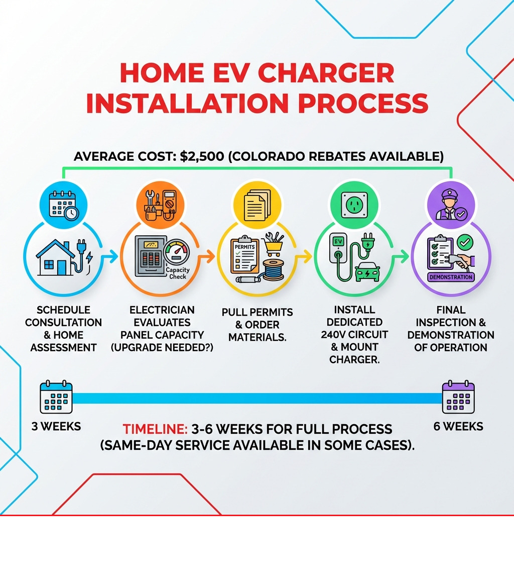 Infographic showing the home EV charger installation process: Step 1 - Schedule consultation and home assessment; Step 2 - Electrician evaluates electrical panel capacity and determines if upgrade needed; Step 3 - Pull permits and order materials; Step 4 - Install dedicated 240V circuit and mount charger; Step 5 - Final inspection and demonstration of charger operation. Timeline shows 3-6 weeks for full process, with same-day service available in some cases. Average cost $2,500 with Colorado rebates available. - car charging point installers near me infographic Infographic showing the home EV charger installation process: Step 1 - Schedule consultation and home assessment; Step 2 - Electrician evaluates electrical panel capacity and determines if upgrade needed; Step 3 - Pull permits and order materials; Step 4 - Install dedicated 240V circuit and mount charger; Step 5 - Final inspection and demonstration of charger operation. Timeline shows 3-6 weeks for full process, with same-day service available in some cases. Average cost $2,500 with Colorado rebates available. - car charging point installers near me infographic