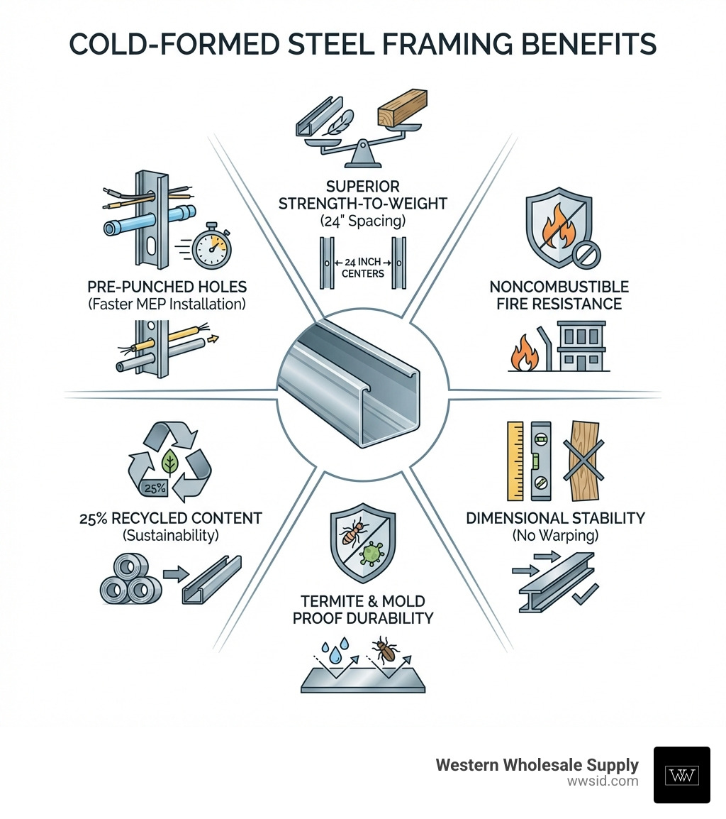 infographic showing cold formed steel framing benefits: strength to weight ratio with 24 inch spacing, noncombustible fire resistance, dimensional stability no warping, termite and mold proof durability, 25 percent recycled content sustainability, pre punched holes for faster MEP installation - cold formed steel framing infographic infographic showing cold formed steel framing benefits: strength to weight ratio with 24 inch spacing, noncombustible fire resistance, dimensional stability no warping, termite and mold proof durability, 25 percent recycled content sustainability, pre punched holes for faster MEP installation - cold formed steel framing infographic