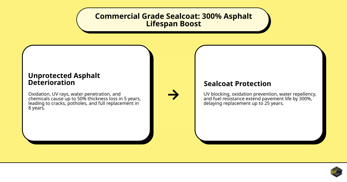 Infographic showing how commercial sealcoat extends asphalt lifespan by 300% through UV protection, oxidation prevention, water repellency, and chemical resistance, with timeline showing sealed vs unsealed pavement deterioration over 25 years - commercial grade sealcoat infographic cause_effect_text