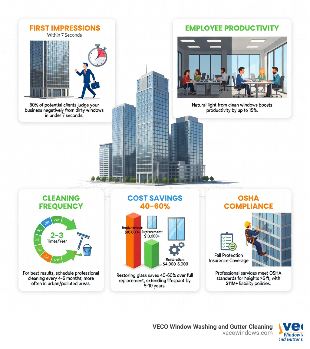 infographic showing commercial window washing benefits including first impressions within 7 seconds, employee productivity boost from natural light, 40-60% cost savings through glass restoration vs replacement, recommended cleaning frequency of 2-3 times per year, and OSHA safety compliance requirements for professional services - commercial window washing infographic 