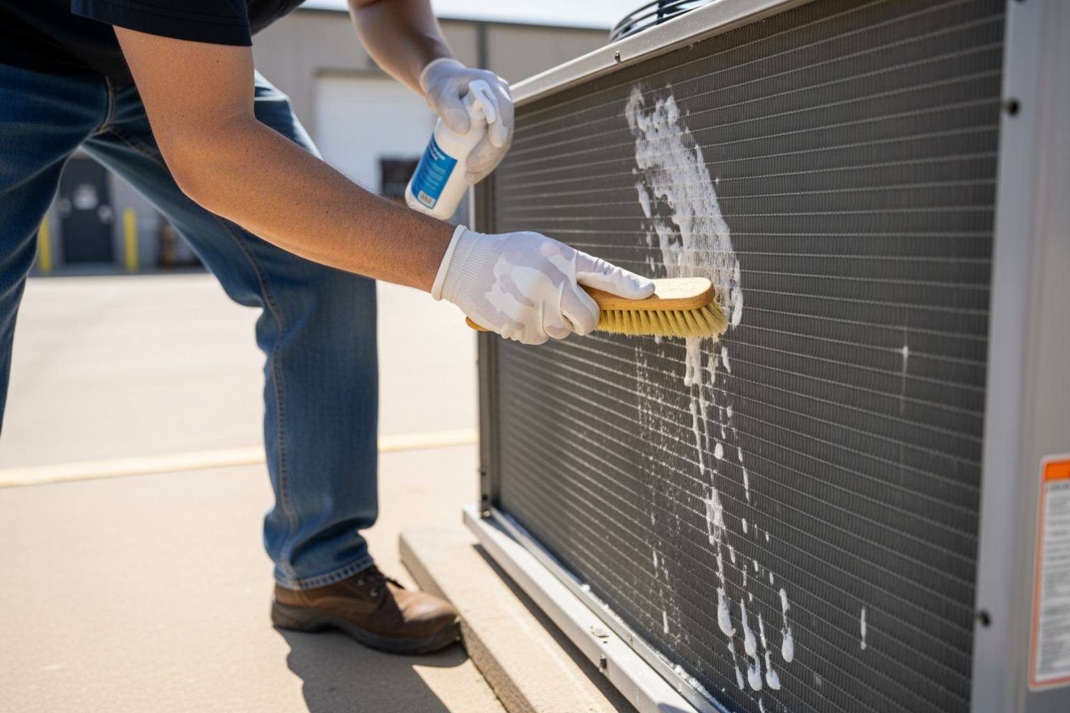 technician using a soft brush and specialized cleaning solution to remove dirt and debris from the delicate fins of a commercial AC condenser coil - commercial air conditioner maintenance technician using a soft brush and specialized cleaning solution to remove dirt and debris from the delicate fins of a commercial AC condenser coil - commercial air conditioner maintenance