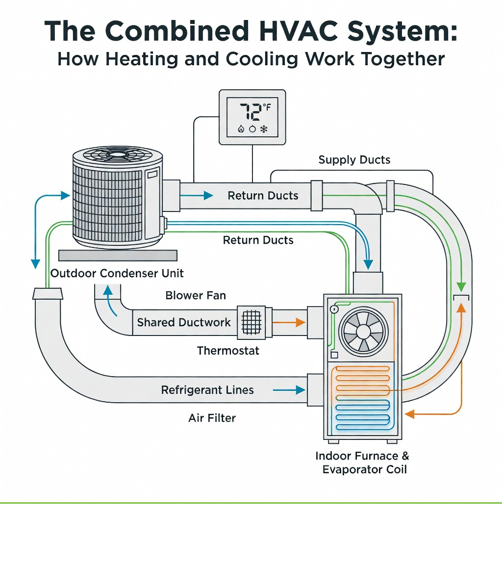 infographic showing the main components of a combined HVAC system including outdoor condenser unit, indoor furnace with evaporator coil, shared ductwork, blower fan, thermostat, and how they work together for heating and cooling - furnace ac installation infographic 