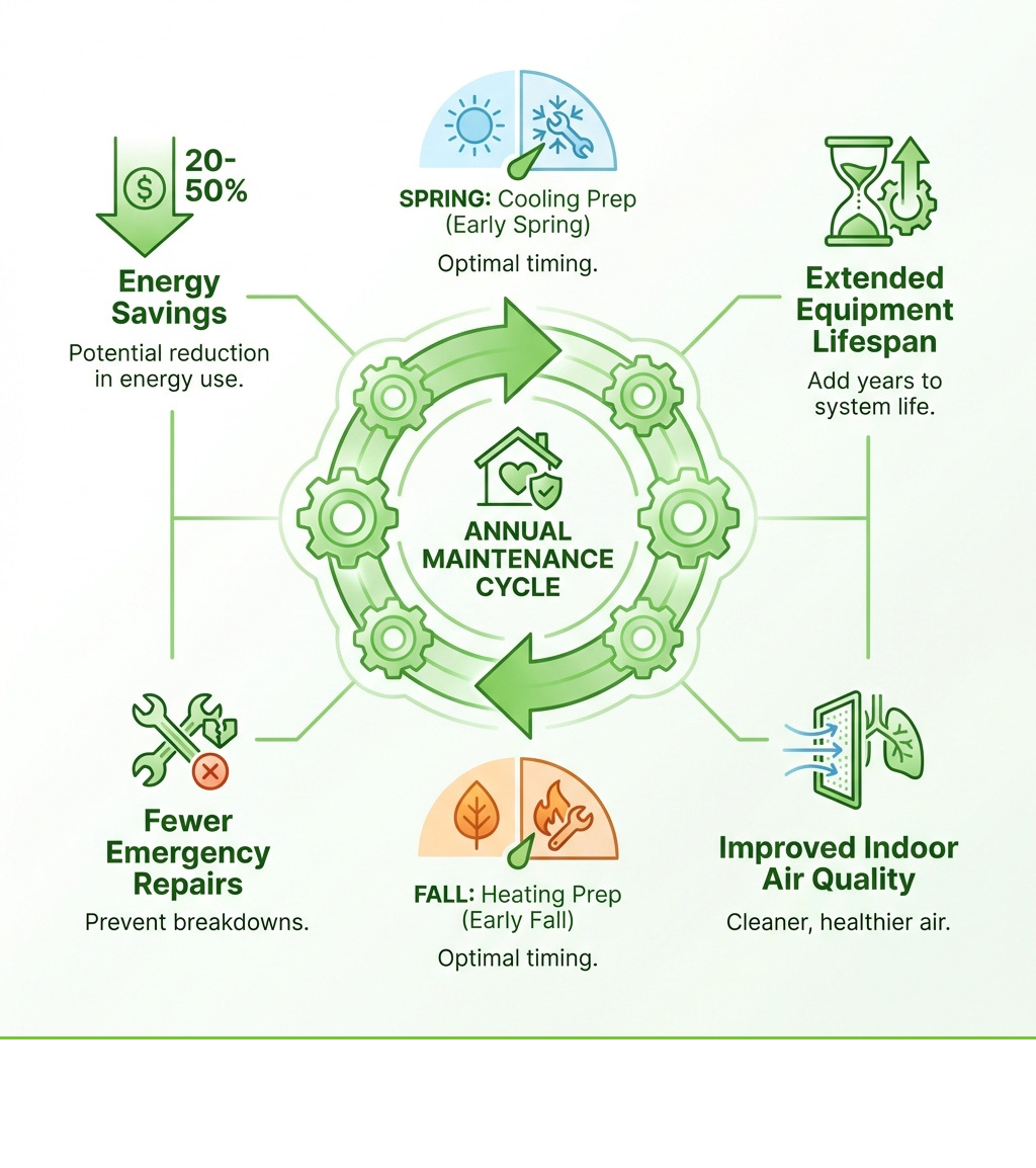 infographic showing annual maintenance benefits including 20-50% energy savings, extended equipment lifespan, fewer emergency repairs, improved indoor air quality, and optimal timing for spring cooling prep and fall heating prep - ac and heating maintenance infographic 