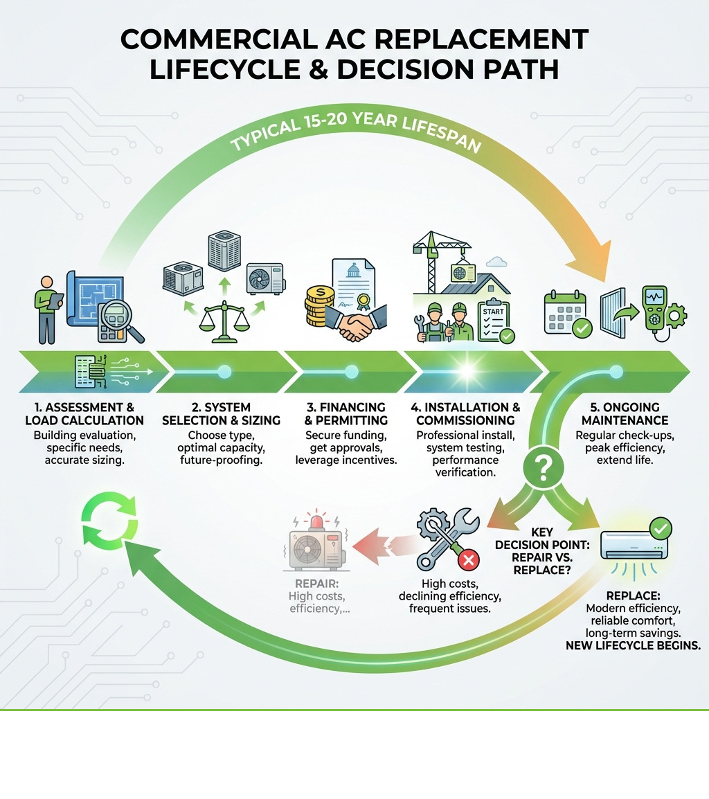 Infographic showing the commercial AC replacement lifecycle: assessment and load calculation, system selection and sizing, financing and permitting, installation and commissioning, ongoing maintenance schedule, with typical 15-20 year lifespan and key decision points for repair vs replace - commercial air conditioner replacement infographic Infographic showing the commercial AC replacement lifecycle: assessment and load calculation, system selection and sizing, financing and permitting, installation and commissioning, ongoing maintenance schedule, with typical 15-20 year lifespan and key decision points for repair vs replace - commercial air conditioner replacement infographic