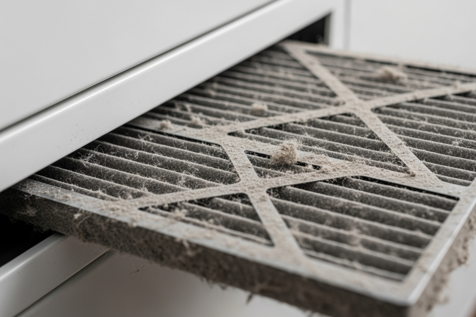 Dirty HVAC air filter covered in thick grey dust and pet hair - ac heating and cooling repair