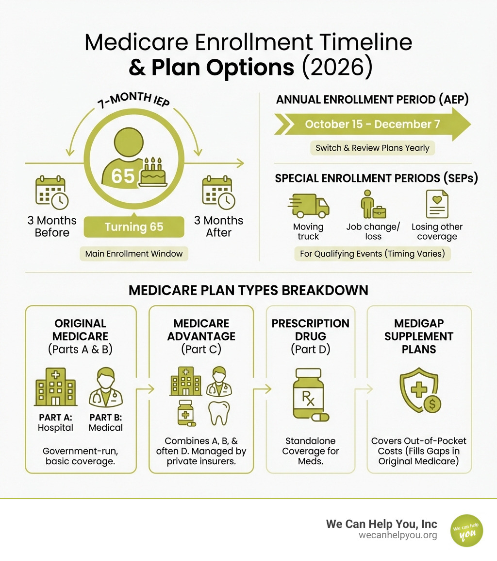 Infographic showing Medicare enrollment timeline from Initial Enrollment Period (3 months before to 3 months after turning 65), Special Enrollment Periods for qualifying events, and Annual Enrollment Period (October 15-December 7), plus breakdown of Medicare plan types: Original Medicare Parts A and B, Medicare Advantage Part C, Prescription Drug Coverage Part D, and Medigap Supplement plans - medicare insurance agent near me infographic 