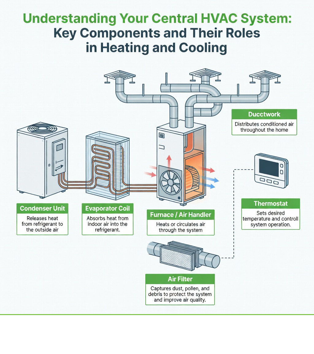 Infographic showing central HVAC system components including furnace or heat pump, evaporator coil, condenser unit, air handler, ductwork, thermostat, and air filter with labels explaining each part's role in heating and cooling - ac heating and cooling repair infographic 