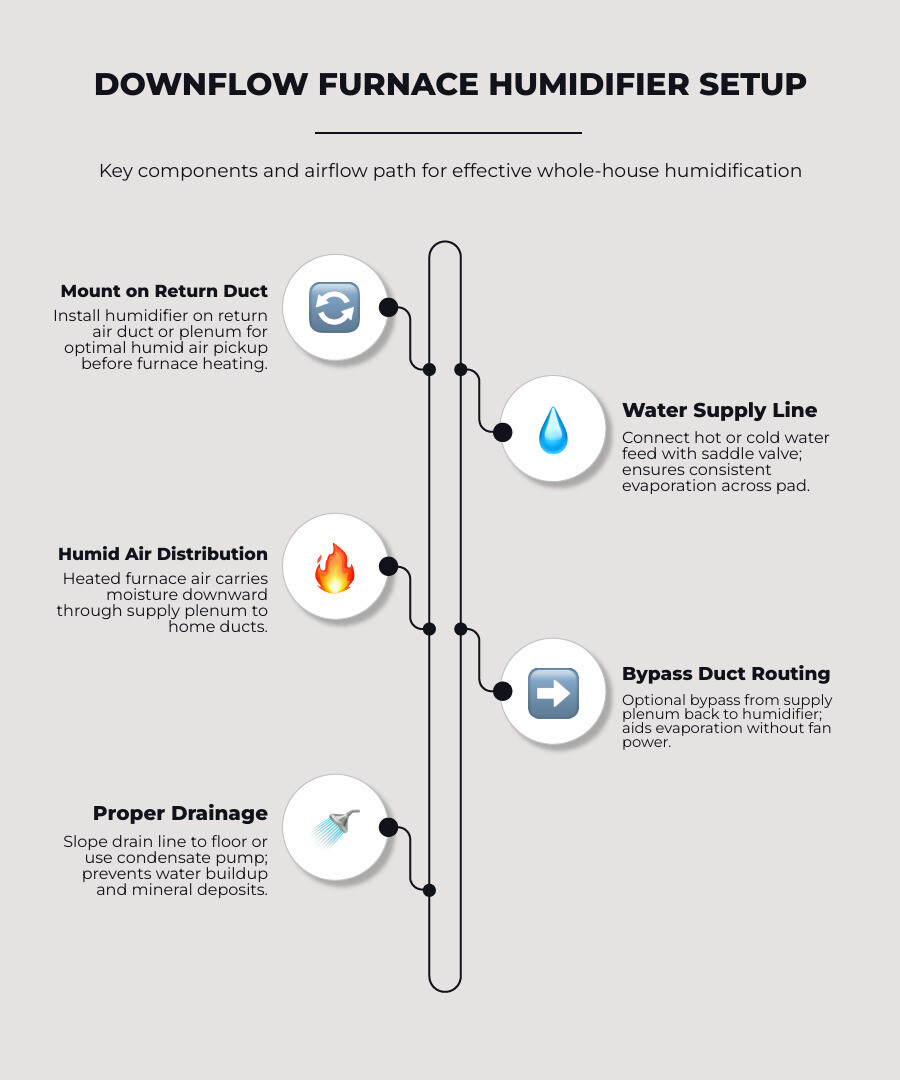 Infographic showing downflow furnace airflow pattern with humidifier mounted on return duct, water supply line connection, bypass duct routing to supply plenum, and drainage setup with condensate pump - downflow furnace humidifier infographic infographic-line-5-steps-elegant_beige