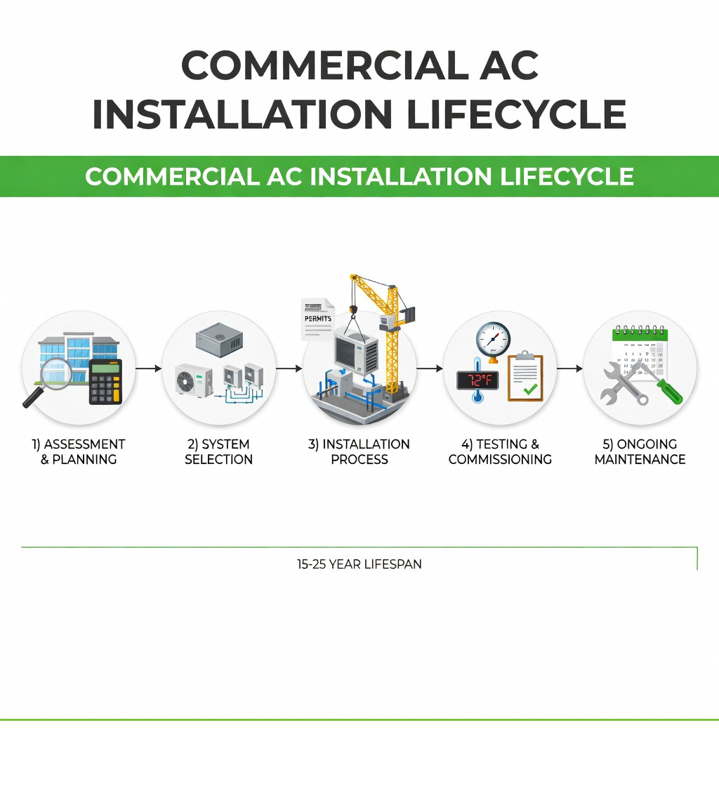 Infographic showing the commercial AC installation lifecycle: 1) Assessment & Planning with building analysis and load calculations, 2) System Selection comparing rooftop units vs split systems vs VRF, 3) Installation Process including permits and equipment placement, 4) Testing & Commissioning with performance verification, 5) Ongoing Maintenance for 15-25 year lifespan - commercial air conditioner installation infographic Infographic showing the commercial AC installation lifecycle: 1) Assessment & Planning with building analysis and load calculations, 2) System Selection comparing rooftop units vs split systems vs VRF, 3) Installation Process including permits and equipment placement, 4) Testing & Commissioning with performance verification, 5) Ongoing Maintenance for 15-25 year lifespan - commercial air conditioner installation infographic