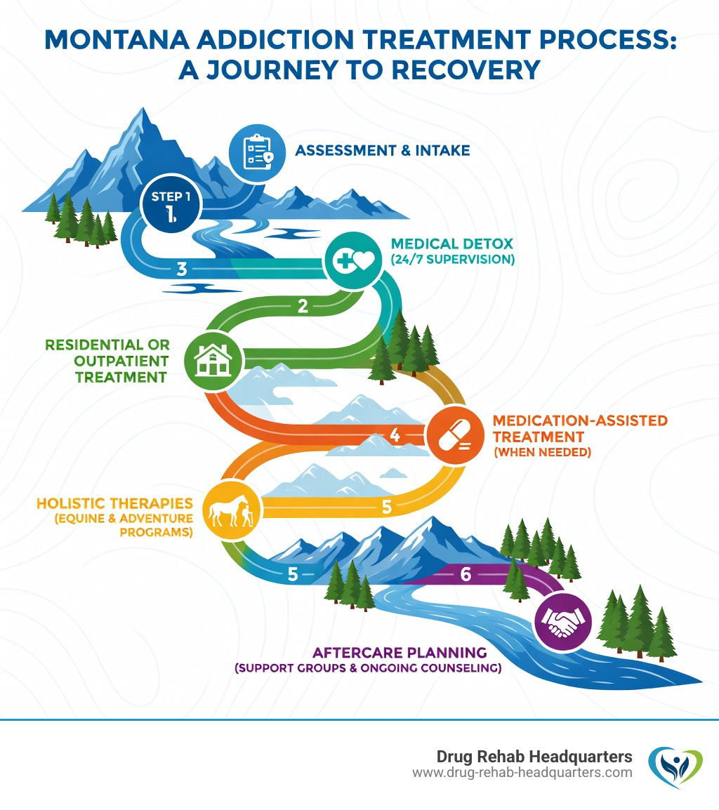 Infographic showing Montana addiction treatment process: Assessment and intake, Medical detox with 24/7 supervision, Residential or outpatient treatment with individual and group therapy, Medication-assisted treatment when needed, Holistic therapies including equine and adventure programs, Aftercare planning with support groups and ongoing counseling - Montana Rehab Centers infographic 
