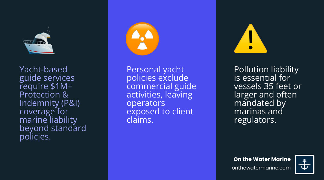 Infographic showing layers of commercial marine liability for large vessels: General Liability ($1M-$2M), Protection & Indemnity (occurrence-based), Pollution Liability, Equipment Coverage, and Commercial Use Endorsements - kayak fishing guide insurance infographic 3_facts_emoji_blue Infographic showing layers of commercial marine liability for large vessels: General Liability ($1M-$2M), Protection & Indemnity (occurrence-based), Pollution Liability, Equipment Coverage, and Commercial Use Endorsements - kayak fishing guide insurance infographic 3_facts_emoji_blue