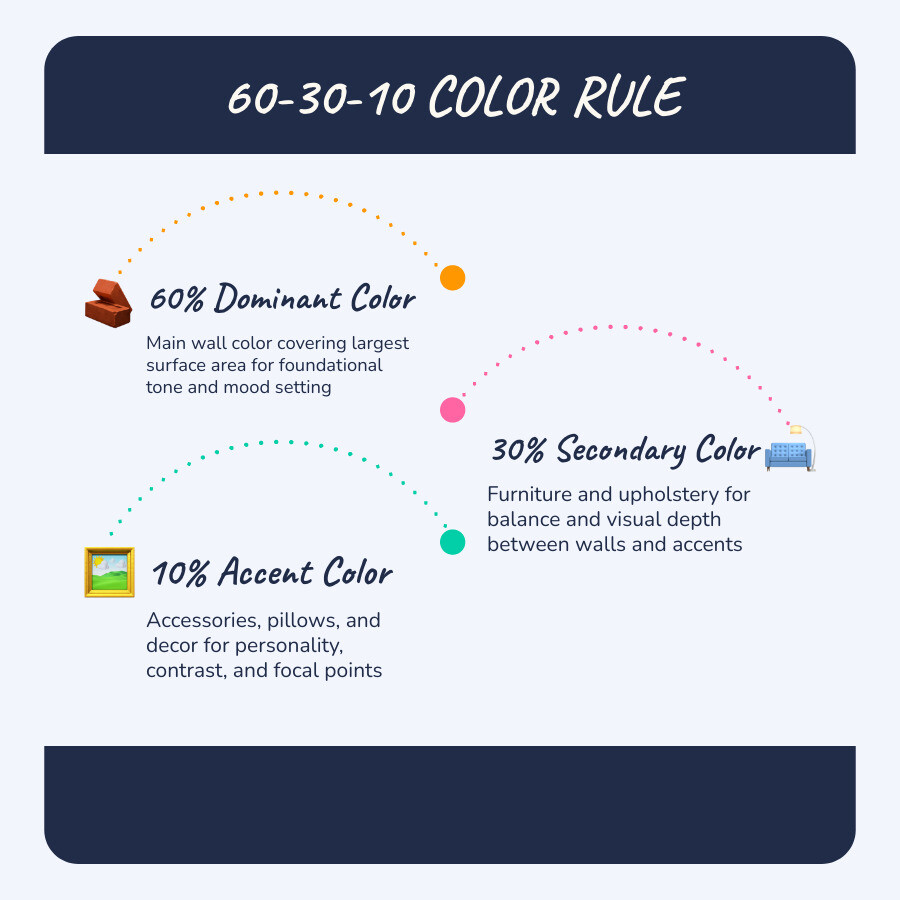 Infographic showing the 60-30-10 color rule with three room sections: 60% dominant wall color in soft gray, 30% secondary furniture color in navy blue, and 10% accent accessories in coral, plus a color wheel showing complementary, analogous, and monochromatic scheme examples - sample room color combinations infographic infographic-line-3-steps-blues-accent_colors Infographic showing the 60-30-10 color rule with three room sections: 60% dominant wall color in soft gray, 30% secondary furniture color in navy blue, and 10% accent accessories in coral, plus a color wheel showing complementary, analogous, and monochromatic scheme examples - sample room color combinations infographic infographic-line-3-steps-blues-accent_colors