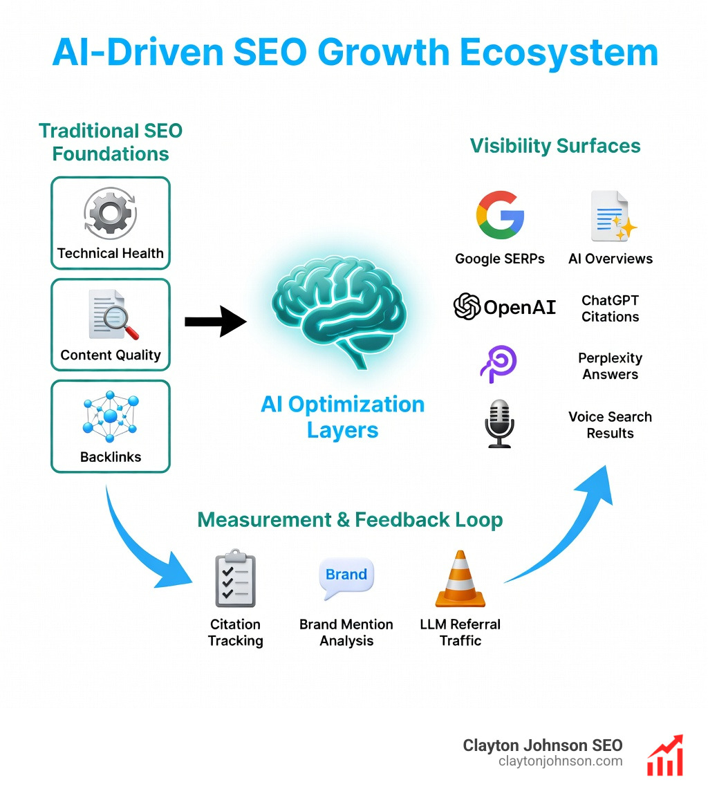 Infographic showing the AI SEO growth ecosystem: Traditional SEO foundations (technical health, content quality, backlinks) feed into AI optimization layers (schema markup, entity clarity, distributed presence) which drive visibility across multiple surfaces (Google SERPs, AI Overviews, ChatGPT citations, Perplexity answers, voice search results). Measurement flows back through citation tracking, brand mention analysis, and LLM referral traffic to inform continuous optimization. - AI driven SEO tactics infographic Infographic showing the AI SEO growth ecosystem: Traditional SEO foundations (technical health, content quality, backlinks) feed into AI optimization layers (schema markup, entity clarity, distributed presence) which drive visibility across multiple surfaces (Google SERPs, AI Overviews, ChatGPT citations, Perplexity answers, voice search results). Measurement flows back through citation tracking, brand mention analysis, and LLM referral traffic to inform continuous optimization. - AI driven SEO tactics infographic