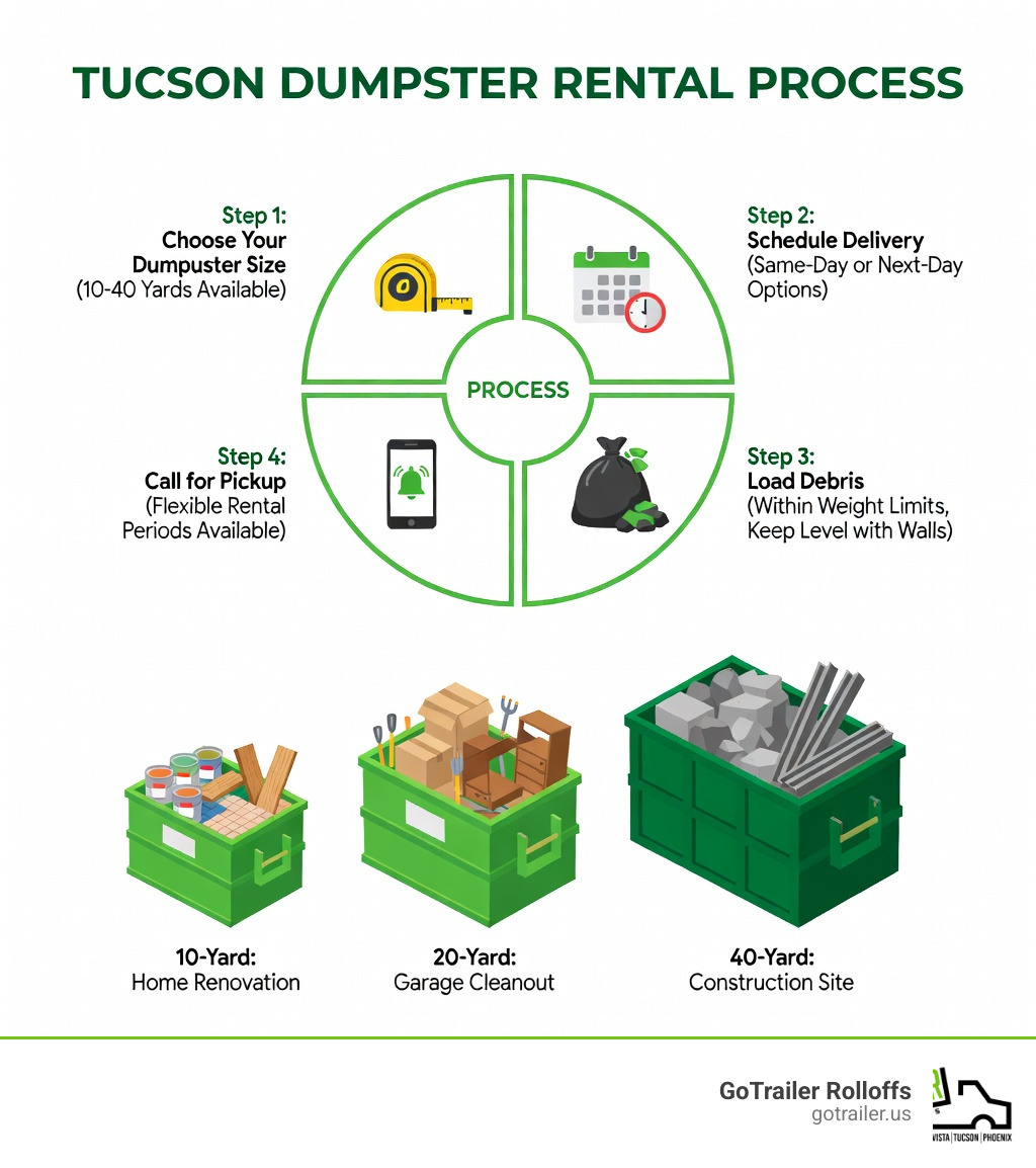 Infographic showing the dumpster rental process in Tucson: Step 1 - Choose your dumpster size based on project scope (10-40 yards available). Step 2 - Schedule delivery to your Tucson-area location with same-day or next-day options. Step 3 - Load debris within weight limits, keeping materials level with container walls. Step 4 - Call for pickup when finished, with flexible rental periods available. Includes visual comparison of dumpster sizes and common project applications. - cheap dumpster rental tucson infographic Infographic showing the dumpster rental process in Tucson: Step 1 - Choose your dumpster size based on project scope (10-40 yards available). Step 2 - Schedule delivery to your Tucson-area location with same-day or next-day options. Step 3 - Load debris within weight limits, keeping materials level with container walls. Step 4 - Call for pickup when finished, with flexible rental periods available. Includes visual comparison of dumpster sizes and common project applications. - cheap dumpster rental tucson infographic