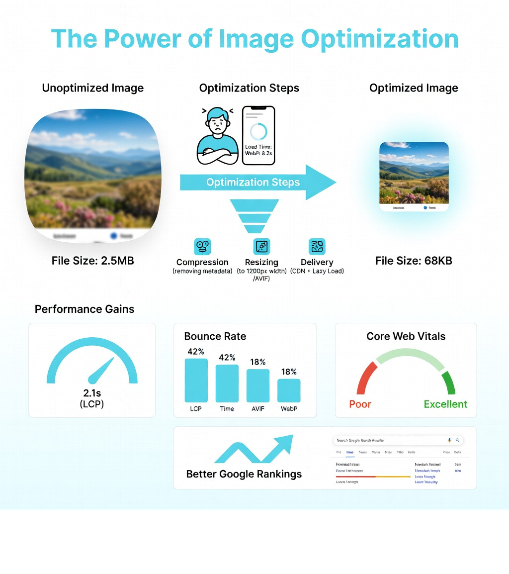 Infographic showing how image optimization reduces file size from megabytes to kilobytes, improves page load time from 8+ seconds to under 2.5 seconds, decreases bounce rate by up to 40%, and boosts Core Web Vitals scores for better Google rankings - What is image optimization? infographic 
