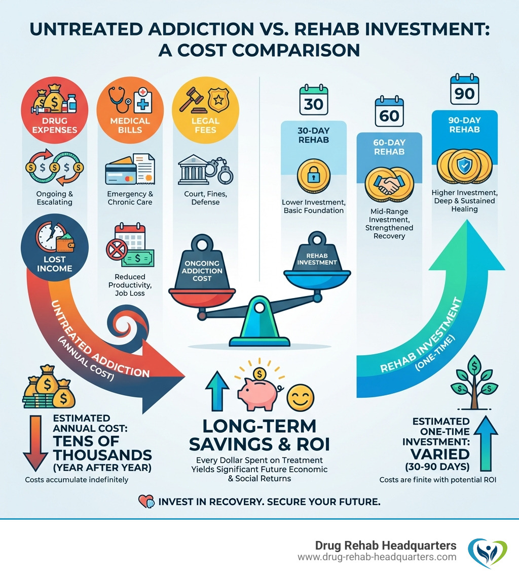 Infographic comparing the annual cost of untreated addiction including drug expenses, medical bills, legal fees, and lost income versus the one-time investment in 30-day, 60-day, and 90-day rehab programs, showing long-term savings and ROI of treatment - How Much Does Rehab Cost infographic 