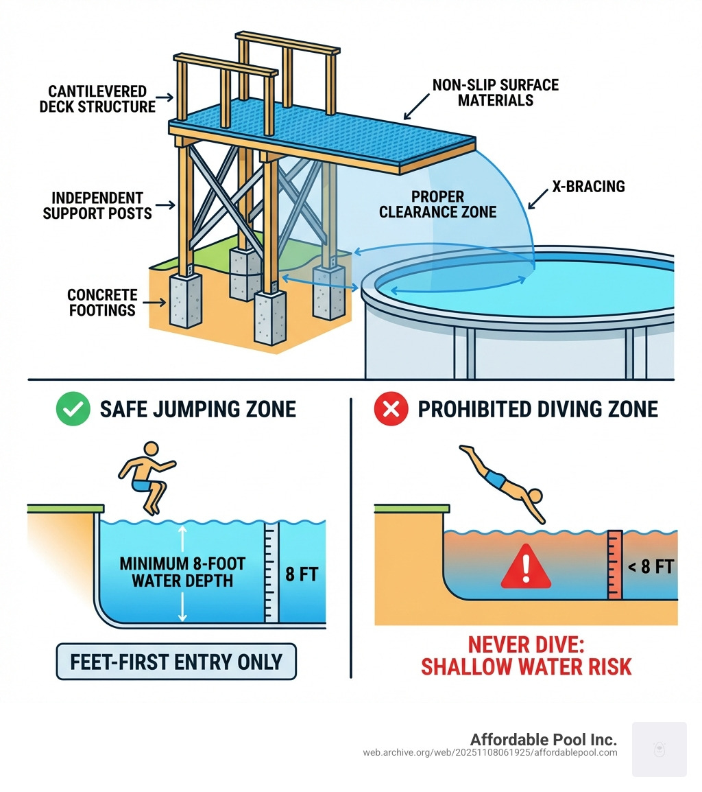 Infographic showing safe jumping platform design with labeled components: minimum 8-foot water depth requirement, independent support posts set in concrete footings, cantilevered deck structure over pool coping, non-slip surface materials, X-bracing for stability, proper clearance zones around entry point, and comparison between safe jumping zones versus prohibited diving zones with depth markers - above ground pool jumping platform infographic 