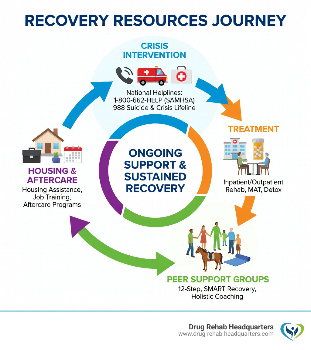 Infographic showing the recovery journey from crisis intervention through treatment, ongoing support, and sustained recovery, including key resources at each stage such as national helplines, treatment locators, peer support groups, housing assistance, and aftercare programs - Recovery Resources infographic 
