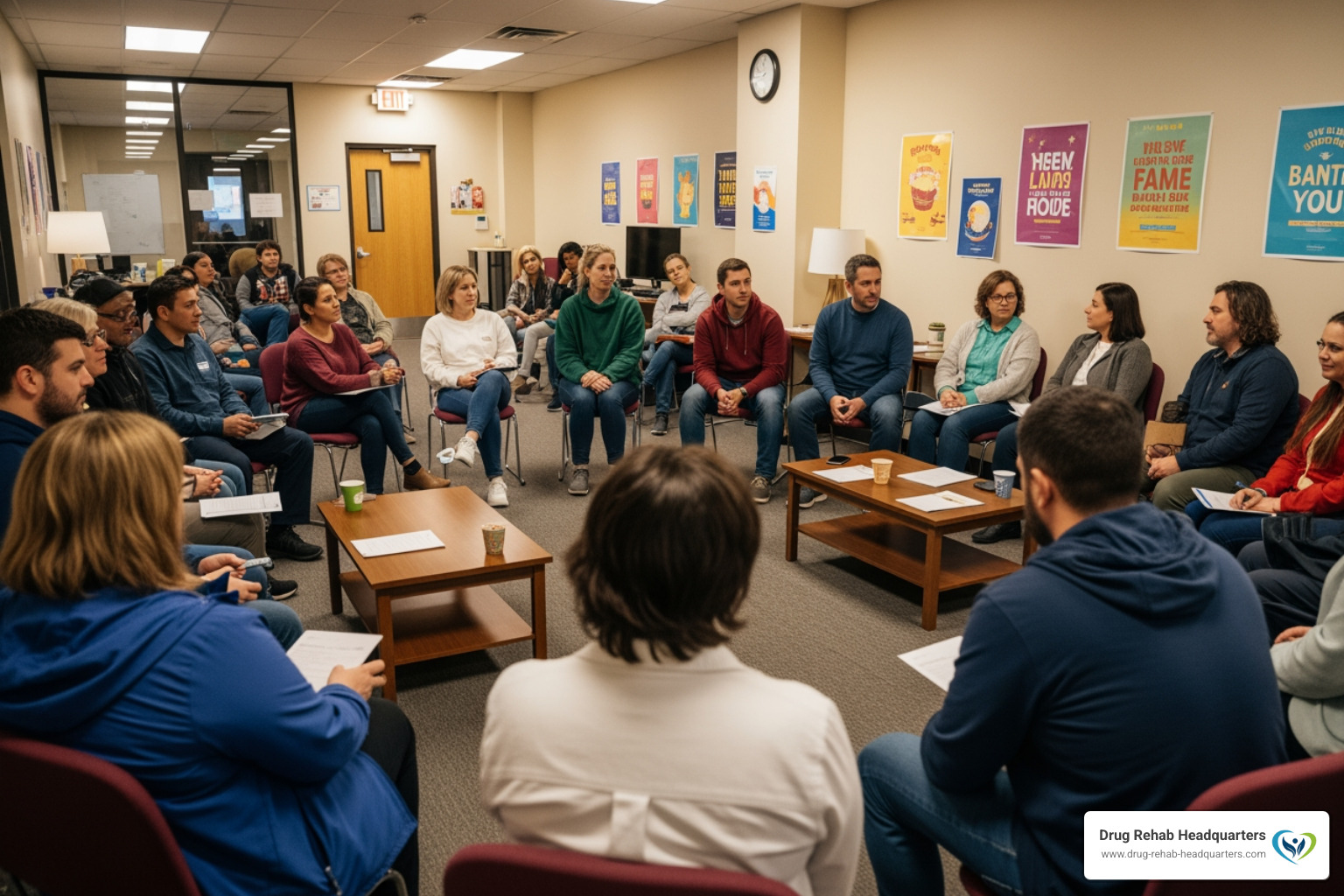Supportive community center environment where people gather for recovery meetings and peer support - Recovery Resources