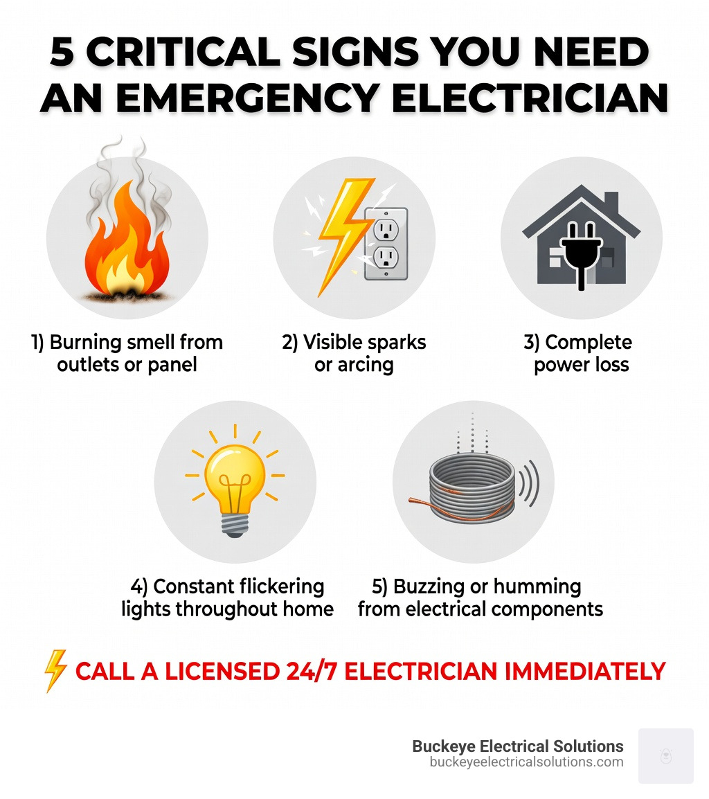 Infographic showing 5 critical signs you need an emergency electrician: 1) Burning smell from outlets or panel, 2) Visible sparks or arcing, 3) Complete power loss, 4) Constant flickering lights throughout home, 5) Buzzing or humming from electrical components - Emergency electrician Lorain County infographic Infographic showing 5 critical signs you need an emergency electrician: 1) Burning smell from outlets or panel, 2) Visible sparks or arcing, 3) Complete power loss, 4) Constant flickering lights throughout home, 5) Buzzing or humming from electrical components - Emergency electrician Lorain County infographic