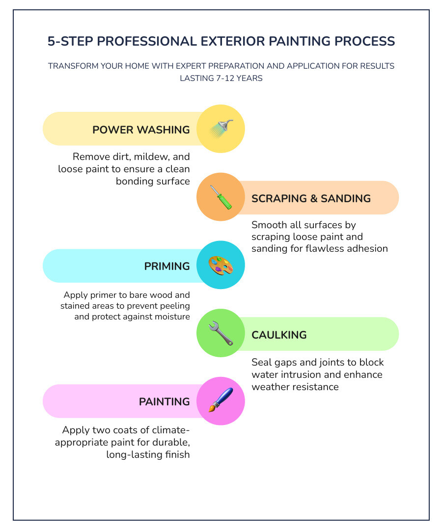 Infographic showing the 5-step professional exterior painting process: 1. Power washing to remove dirt and loose paint, 2. Scraping and sanding all surfaces until smooth, 3. Priming bare wood and problem areas, 4. Caulking gaps to seal against moisture, 5. Applying two coats of climate-appropriate paint - external painters near me infographic infographic-line-5-steps-colors