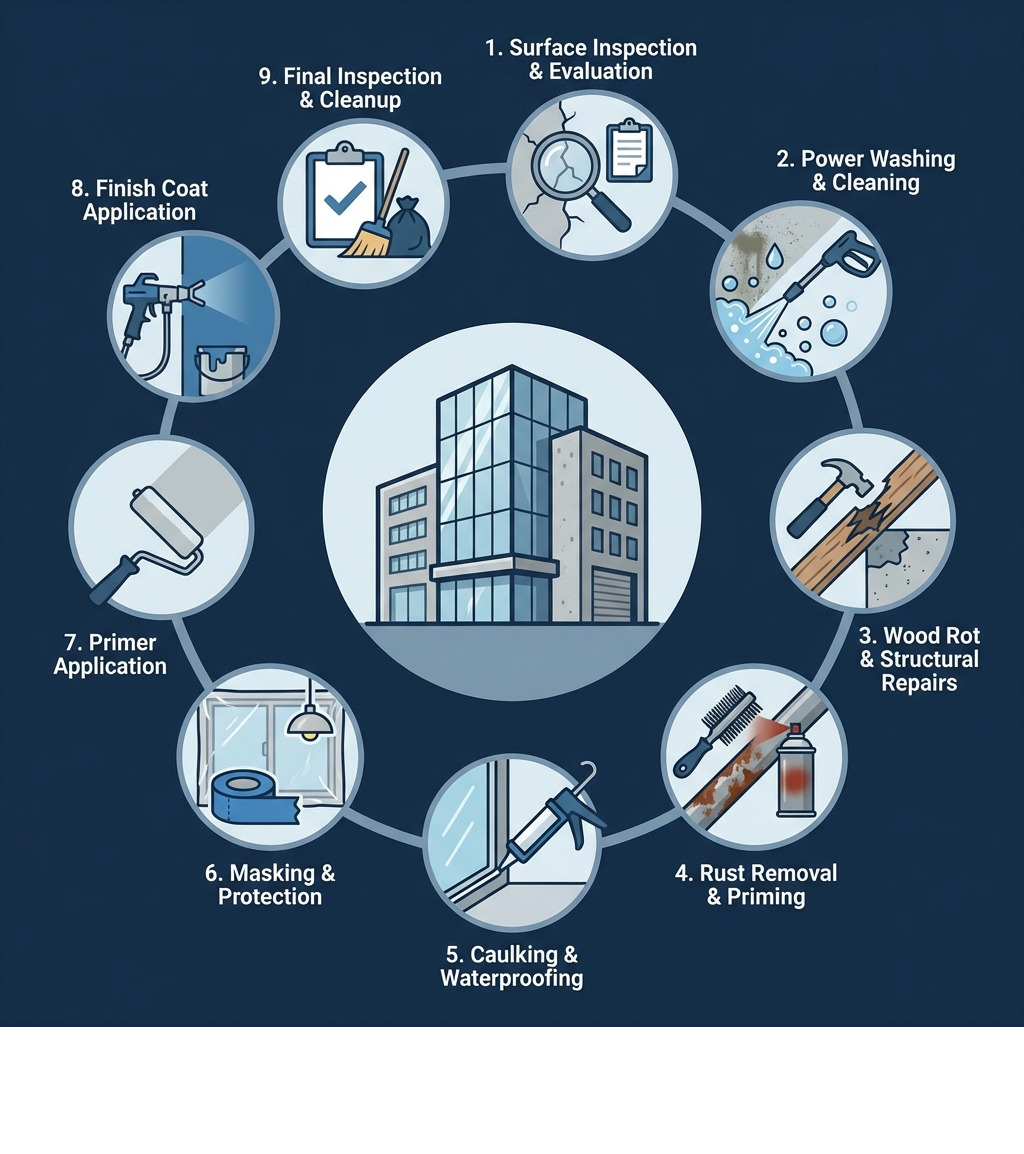 infographic showing commercial exterior painting process: surface inspection and evaluation, power washing and cleaning, wood rot and structural repairs, rust removal and priming, caulking and waterproofing, masking and protection, primer application, finish coat application, final inspection and cleanup - Commercial exterior painter infographic infographic showing commercial exterior painting process: surface inspection and evaluation, power washing and cleaning, wood rot and structural repairs, rust removal and priming, caulking and waterproofing, masking and protection, primer application, finish coat application, final inspection and cleanup - Commercial exterior painter infographic
