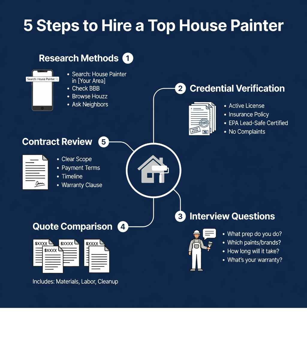 Step-by-step process to find and hire a qualified house painter, including research methods, credential verification checklist, essential interview questions, quote comparison framework, and contract review points - find a house painter infographic Step-by-step process to find and hire a qualified house painter, including research methods, credential verification checklist, essential interview questions, quote comparison framework, and contract review points - find a house painter infographic