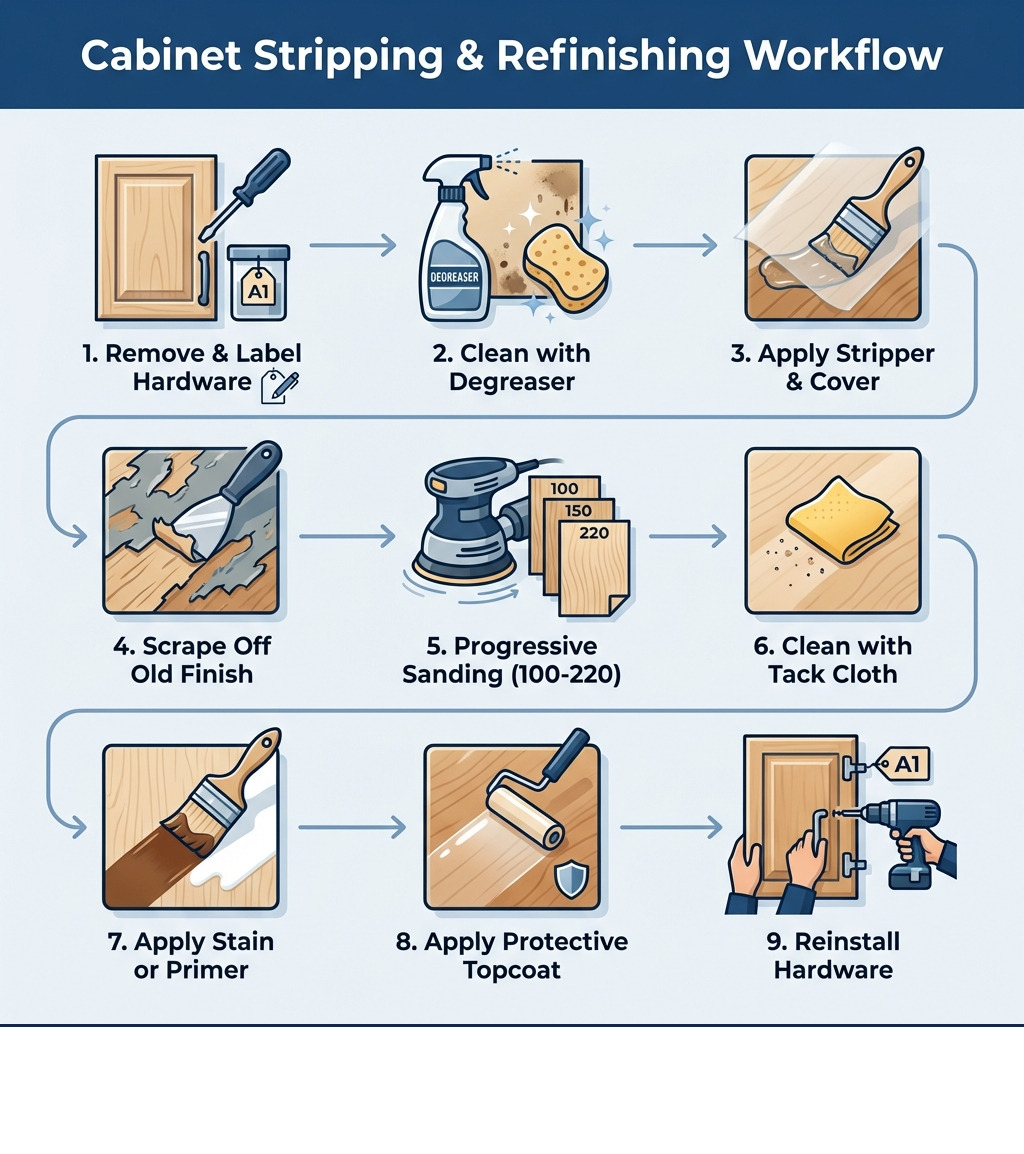 Infographic showing the complete cabinet stripping and refinishing workflow: 1. Remove doors and hardware with labeling system, 2. Clean surfaces with degreaser, 3. Apply chemical stripper and cover with wax paper, 4. Scrape off old finish, 5. Sand progressively from 100 to 220 grit, 6. Clean with tack cloth, 7. Apply stain or primer, 8. Apply protective topcoat, 9. Reinstall hardware - kitchen cabinet stripping and refinishing infographic 