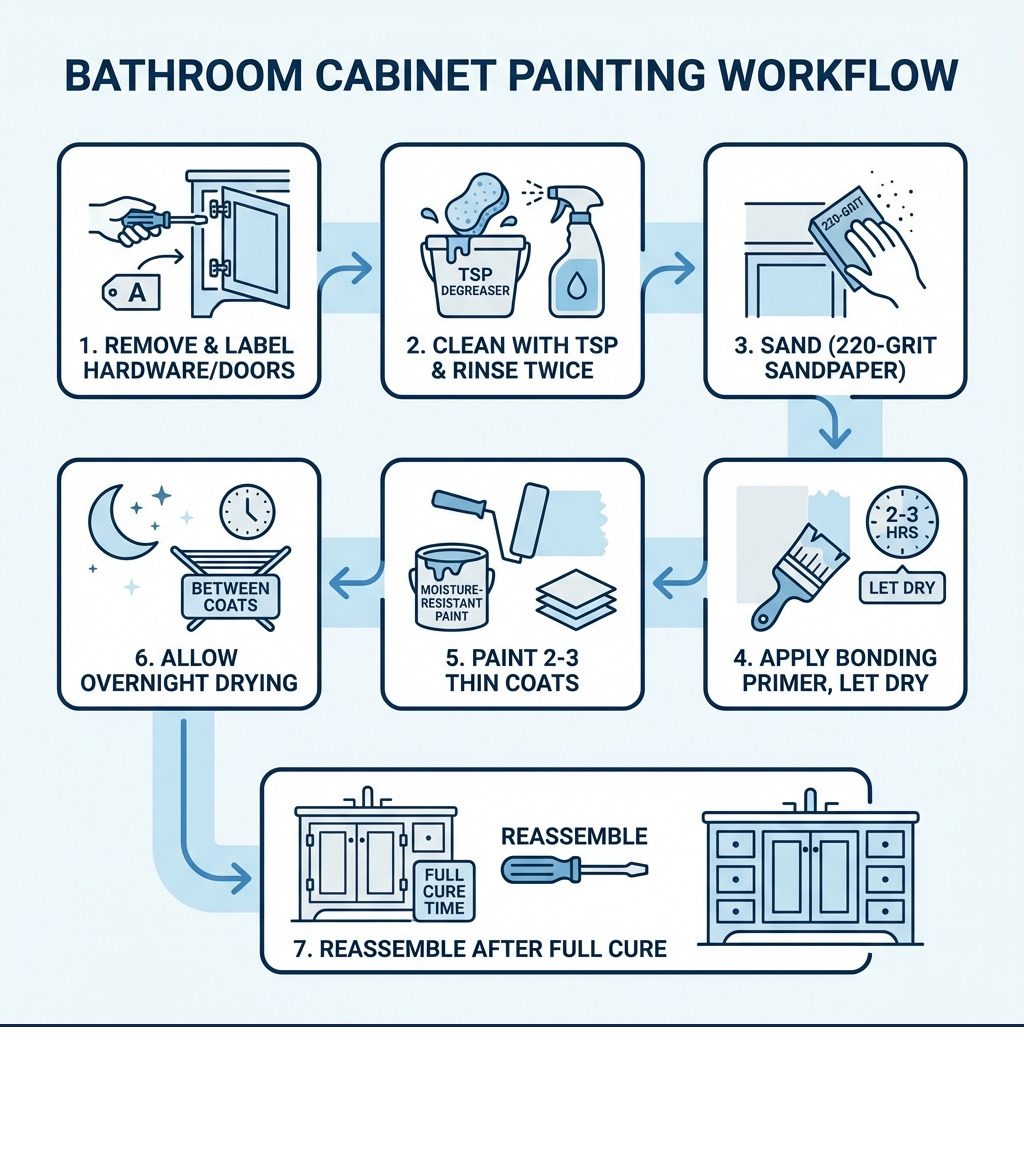 Infographic showing the complete bathroom cabinet painting workflow: 1) Remove hardware and doors, label each piece 2) Clean with TSP degreaser and rinse twice 3) Sand with 220-grit sandpaper 4) Apply bonding primer, let dry 2-3 hours 5) Paint 2-3 thin coats with moisture-resistant paint 6) Allow overnight drying between coats 7) Reassemble after full cure time - Bathroom cabinet painting infographic 