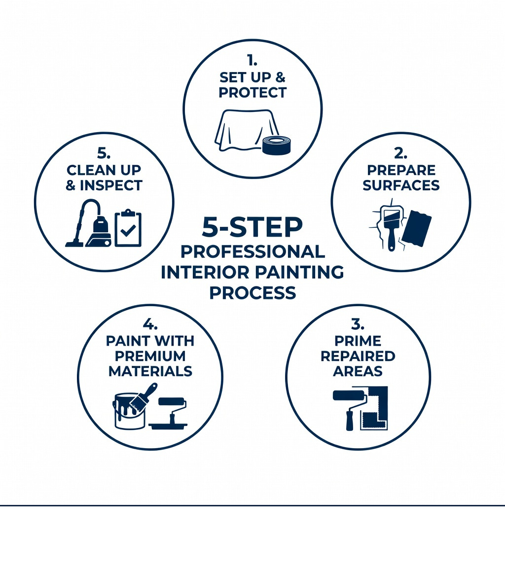 infographic showing the 5-step professional interior painting process: 1. Set Up and Protect with drop cloths and plastic sheeting, 2. Prepare Surfaces by filling holes and sandings, 3. Prime repaired areas for proper adhesion, 4. Paint with premium quality materials, 5. Clean Up and conduct final inspection walkthrough - Residential interior painter infographic infographic showing the 5-step professional interior painting process: 1. Set Up and Protect with drop cloths and plastic sheeting, 2. Prepare Surfaces by filling holes and sandings, 3. Prime repaired areas for proper adhesion, 4. Paint with premium quality materials, 5. Clean Up and conduct final inspection walkthrough - Residential interior painter infographic