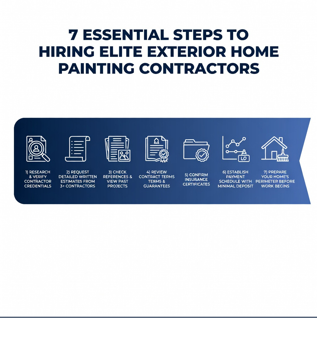 Step-by-step process showing: 1) Research and verify contractor credentials 2) Request detailed written estimates from 3+ contractors 3) Check references and view past projects 4) Review contract terms and guarantees 5) Confirm insurance certificates 6) Establish payment schedule with minimal deposit 7) Prepare your home's perimeter before work begins - exterior home painting contractors infographic Step-by-step process showing: 1) Research and verify contractor credentials 2) Request detailed written estimates from 3+ contractors 3) Check references and view past projects 4) Review contract terms and guarantees 5) Confirm insurance certificates 6) Establish payment schedule with minimal deposit 7) Prepare your home's perimeter before work begins - exterior home painting contractors infographic