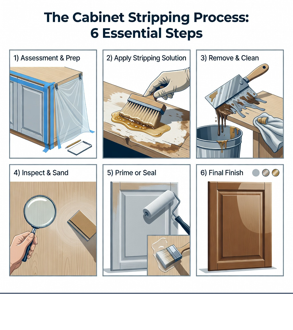 Infographic showing the cabinet stripping process: 1) Assessment and preparation with masking/draping 2) Application of stripping solution to dissolve old finish 3) Removal of stripped material and cleaning 4) Surface inspection and light sanding 5) Priming for paint or sealing for stain 6) Final finish application with chosen sheen level - cabinet stripping near me infographic Infographic showing the cabinet stripping process: 1) Assessment and preparation with masking/draping 2) Application of stripping solution to dissolve old finish 3) Removal of stripped material and cleaning 4) Surface inspection and light sanding 5) Priming for paint or sealing for stain 6) Final finish application with chosen sheen level - cabinet stripping near me infographic