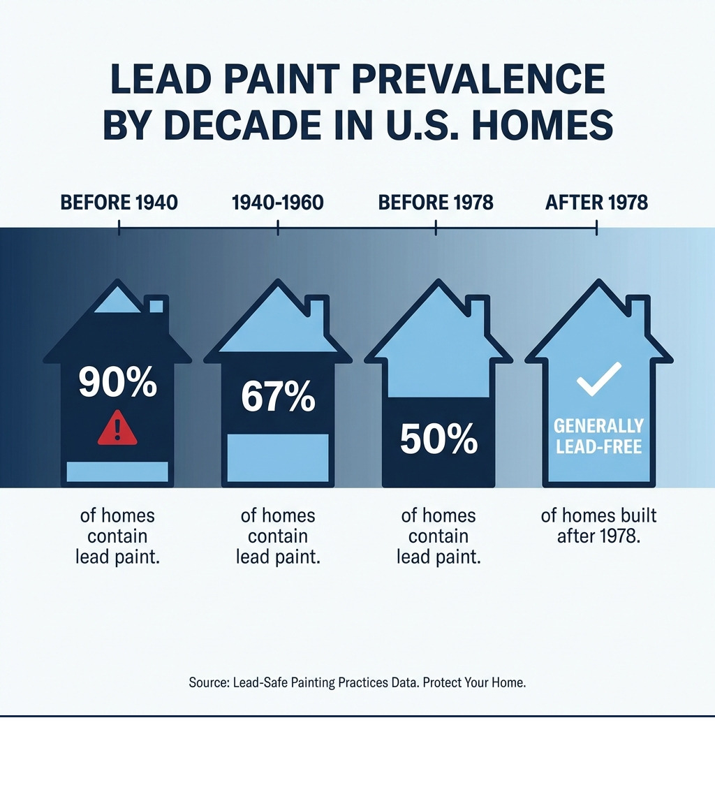 infographic showing lead paint prevalence by decade: 90% of homes built before 1940 contain lead paint, 67% of homes built 1940-1960 contain lead paint, 50% of homes built before 1978 contain lead paint, and homes built after 1978 are generally lead-free - Lead-safe painting practices infographic infographic showing lead paint prevalence by decade: 90% of homes built before 1940 contain lead paint, 67% of homes built 1940-1960 contain lead paint, 50% of homes built before 1978 contain lead paint, and homes built after 1978 are generally lead-free - Lead-safe painting practices infographic