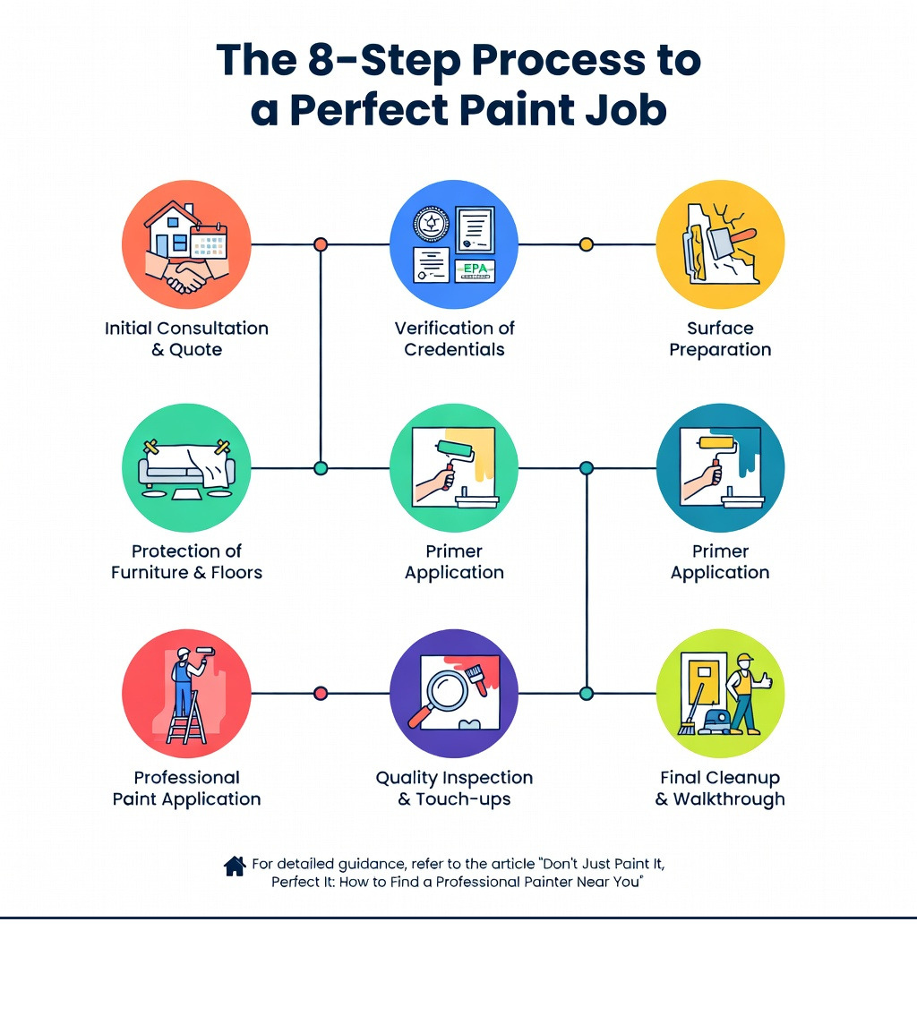 Infographic showing the step-by-step process of professional house painting: 1. Initial consultation and quote with site visit, 2. Verification of credentials including licensing and insurance, 3. Surface preparation including repairs and cleaning, 4. Protection of furniture and floors with drop cloths, 5. Primer application where needed, 6. Professional paint application with proper techniques, 7. Quality inspection and touch-ups, 8. Final cleanup and walkthrough - professional house painter near me infographic Infographic showing the step-by-step process of professional house painting: 1. Initial consultation and quote with site visit, 2. Verification of credentials including licensing and insurance, 3. Surface preparation including repairs and cleaning, 4. Protection of furniture and floors with drop cloths, 5. Primer application where needed, 6. Professional paint application with proper techniques, 7. Quality inspection and touch-ups, 8. Final cleanup and walkthrough - professional house painter near me infographic
