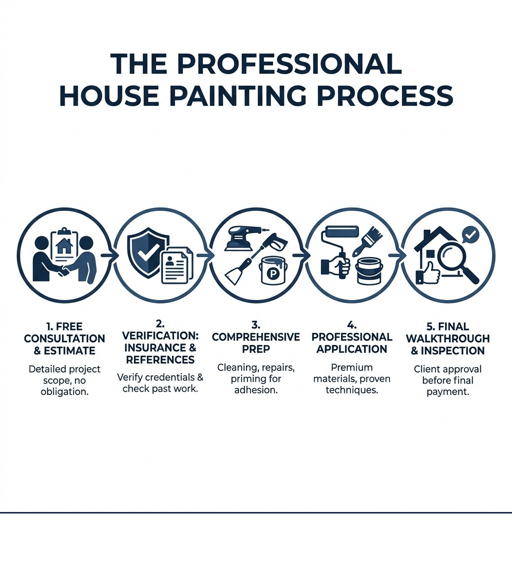 Infographic showing the professional house painting process: 1) Free consultation and estimate with detailed scope, 2) Verification of insurance and references, 3) Comprehensive surface preparation including cleaning, repairs, and priming, 4) Professional application using premium materials and proven techniques, 5) Final walkthrough and inspection before final payment - Experienced house painters infographic 