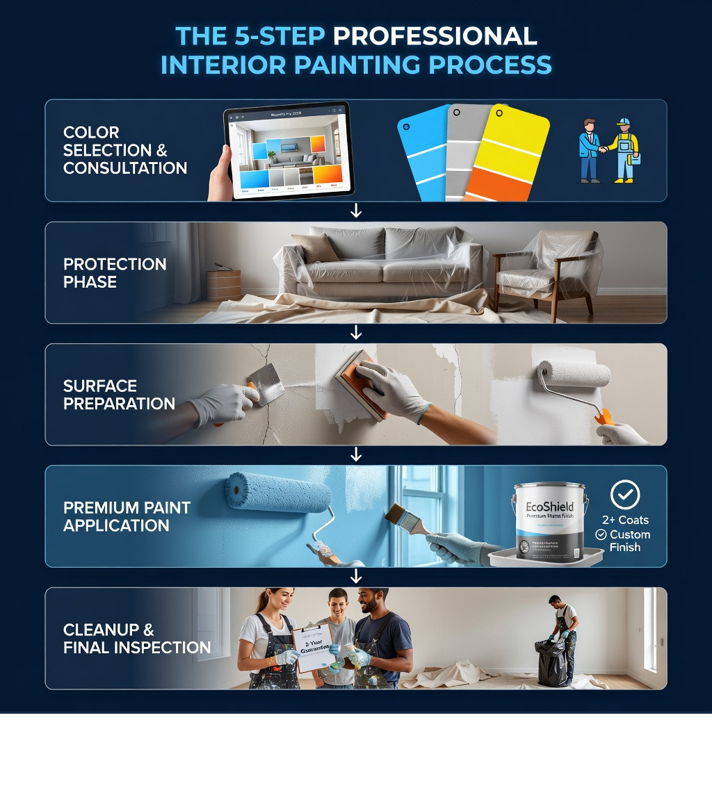 Infographic showing the 5-step professional interior painting process: 1. Color Selection and Consultation with paint swatches and visualizer tools, 2. Protection Phase with plastic sheeting covering furniture and drop cloths on floors, 3. Surface Preparation including drywall patching, hole filling, sanding and priming, 4. Premium Paint Application with multiple coats and proper finish selection, 5. Cleanup and Final Inspection with walkthrough and warranty documentation - interior painting services infographic 