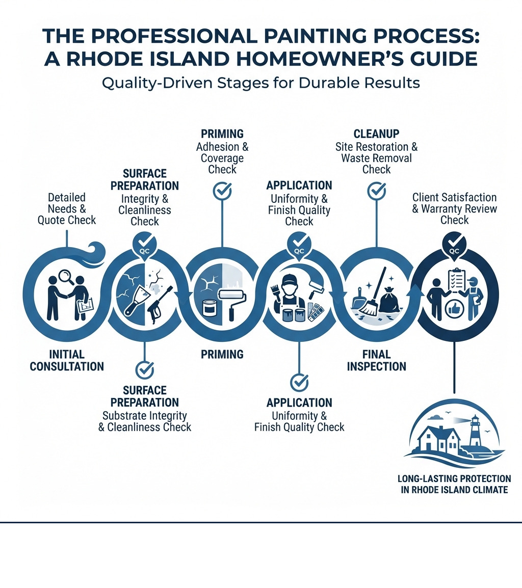 infographic showing the professional painting process from initial consultation through surface preparation, priming, application, cleanup, and final inspection, with quality checkpoints at each stage - painters in rhode island infographic 