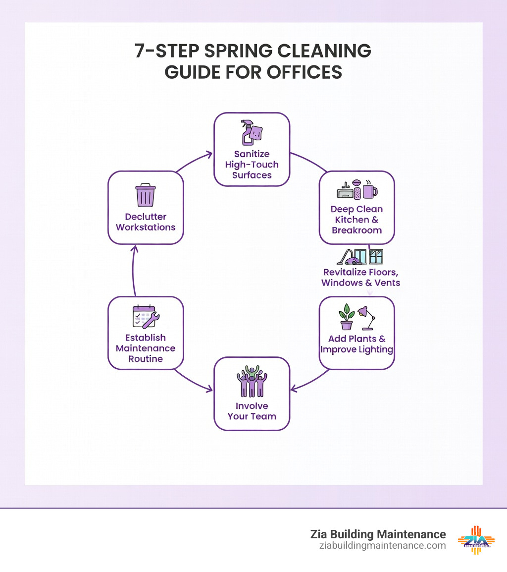 Infographic showing 7-step spring cleaning process: Step 1 Declutter workstations, Step 2 Sanitize high-touch surfaces, Step 3 Deep clean kitchen and breakroom, Step 4 Revitalize floors windows and vents, Step 5 Add plants and improve lighting, Step 6 Involve your team, Step 7 Establish maintenance routine - spring cleaning for offices infographic 