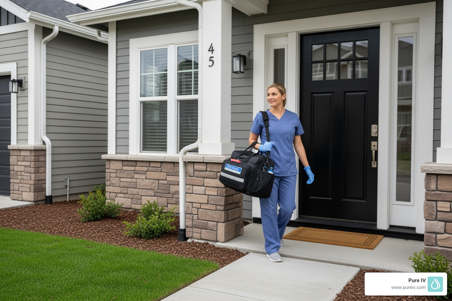 mobile IV nurse arriving at a client's home with a professional kit - iv treatment at home
