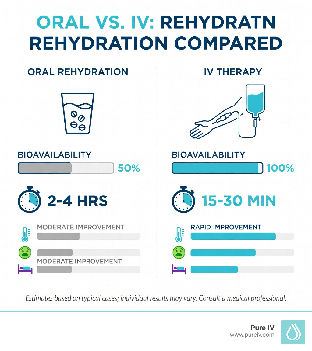 Detailed infographic comparing oral rehydration versus IV therapy, showing absorption rates, bioavailability percentages, time to relief, and symptom improvement for dehydration, hangovers, and fatigue - mobile iv therapy near me open now infographic 