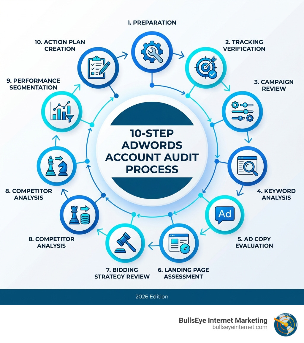 10-step AdWords account audit process showing preparation, tracking verification, campaign review, keyword analysis, ad copy evaluation, landing page assessment, bidding strategy review, competitor analysis, performance segmentation, and action plan creation - AdWords account audit infographic 10-step AdWords account audit process infographic featuring preparation, tracking verification, campaign review, keyword analysis, ad copy evaluation, landing page assessment, bidding strategy review, competitor analysis, performance segmentation, and action plan creation, branded by Bullseye Internet Marketing.