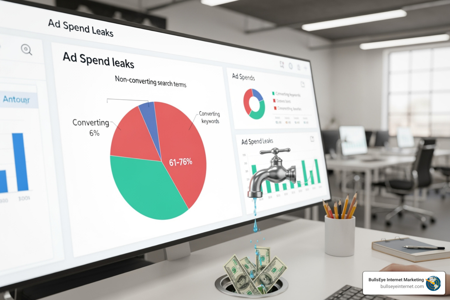 Digital marketing budget leak analysis showing where ad spend is wasted on non-converting search terms - AdWords account audit Dashboard displaying "Ad Spend Leaks" with a pie chart showing 6% converting keywords, and a faucet pouring water onto cash, symbolizing wasted ad spend, in a modern office setting.