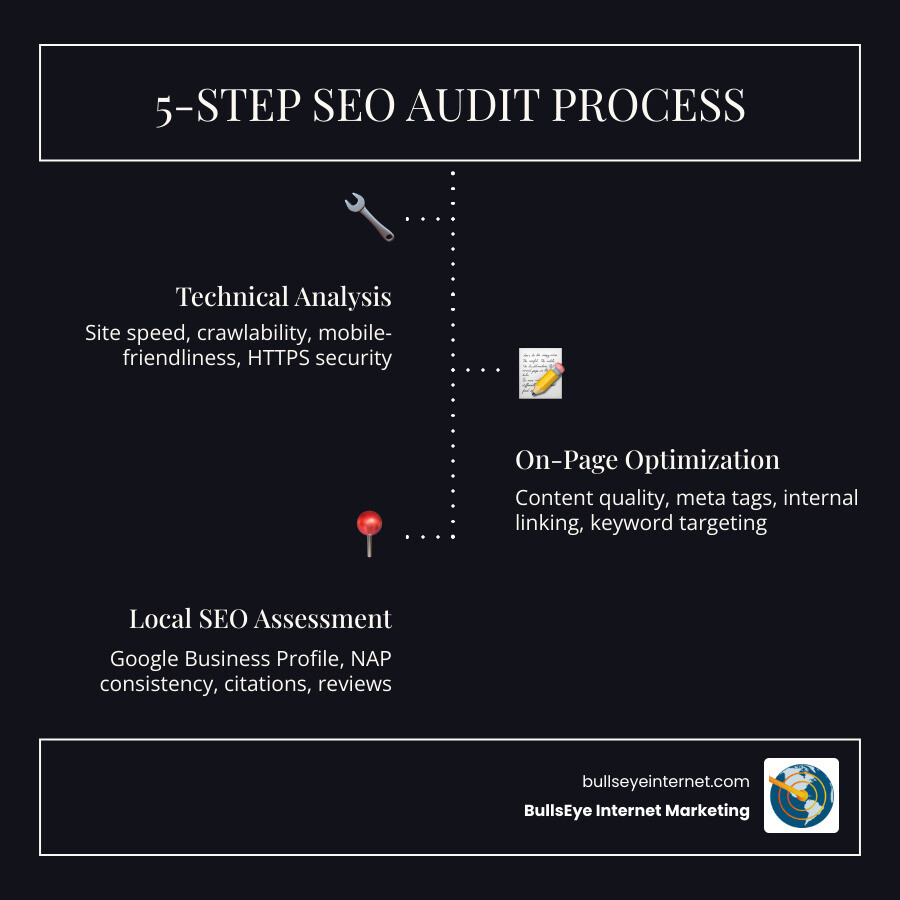5-step SEO audit process infographic highlighting technical analysis, on-page optimization, and local SEO assessment for improving website rankings and visibility.