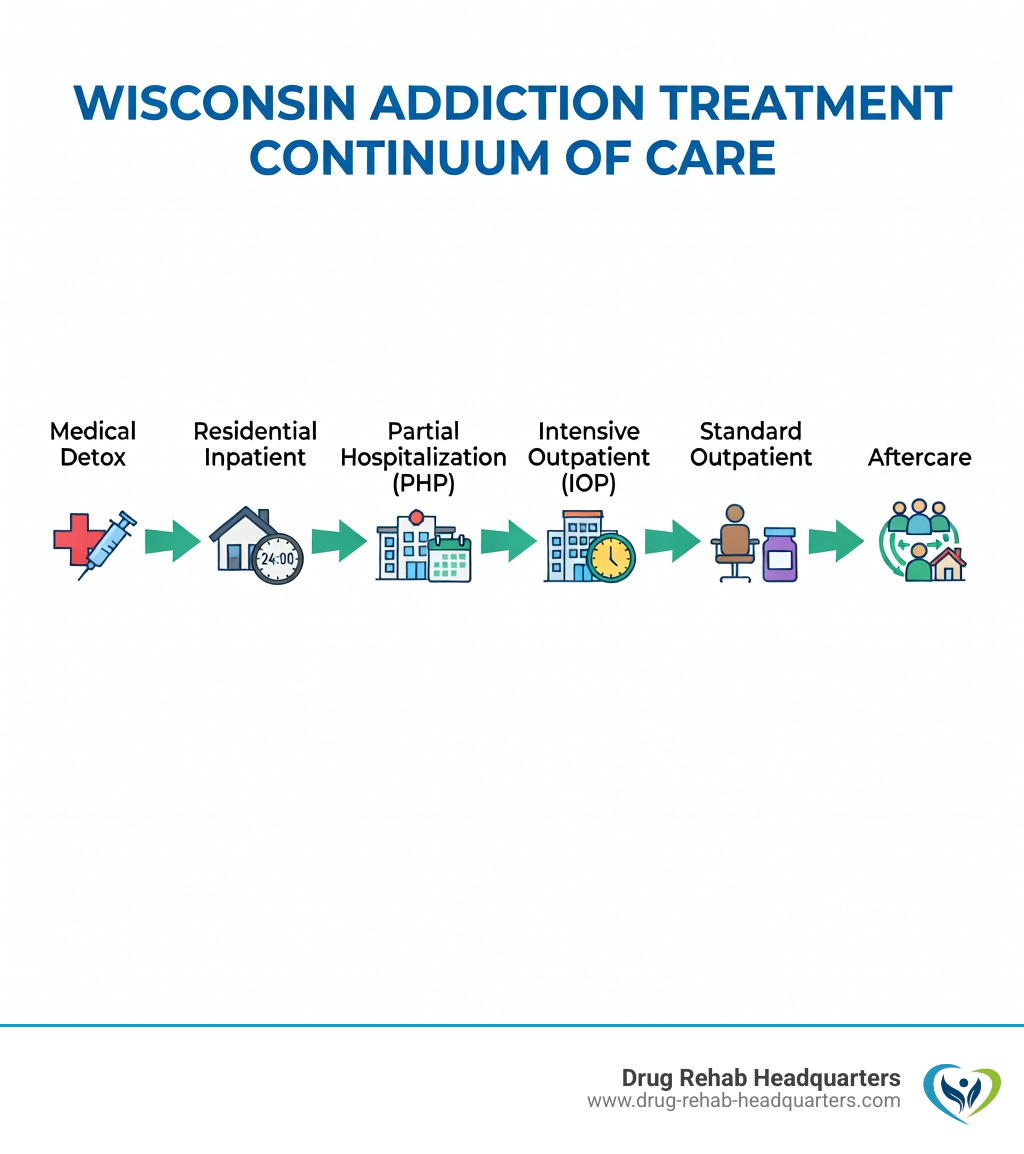 Infographic showing the continuum of care in Wisconsin addiction treatment: starting with medical detox for safe withdrawal, moving to residential inpatient for 24/7 structured care, transitioning to partial hospitalization PHP for intensive daytime treatment, stepping down to intensive outpatient IOP for flexible evening programs, continuing with standard outpatient therapy and medication management, and completing with aftercare including sober living homes, alumni support groups, and relapse prevention counseling - drug treatment centers in wisconsin infographic infographic-line-3-steps-colors Infographic showing the continuum of care in Wisconsin addiction treatment: starting with medical detox for safe withdrawal, moving to residential inpatient for 24/7 structured care, transitioning to partial hospitalization PHP for intensive daytime treatment, stepping down to intensive outpatient IOP for flexible evening programs, continuing with standard outpatient therapy and medication management, and completing with aftercare including sober living homes, alumni support groups, and relapse prevention counseling - drug treatment centers in wisconsin infographic infographic-line-3-steps-colors