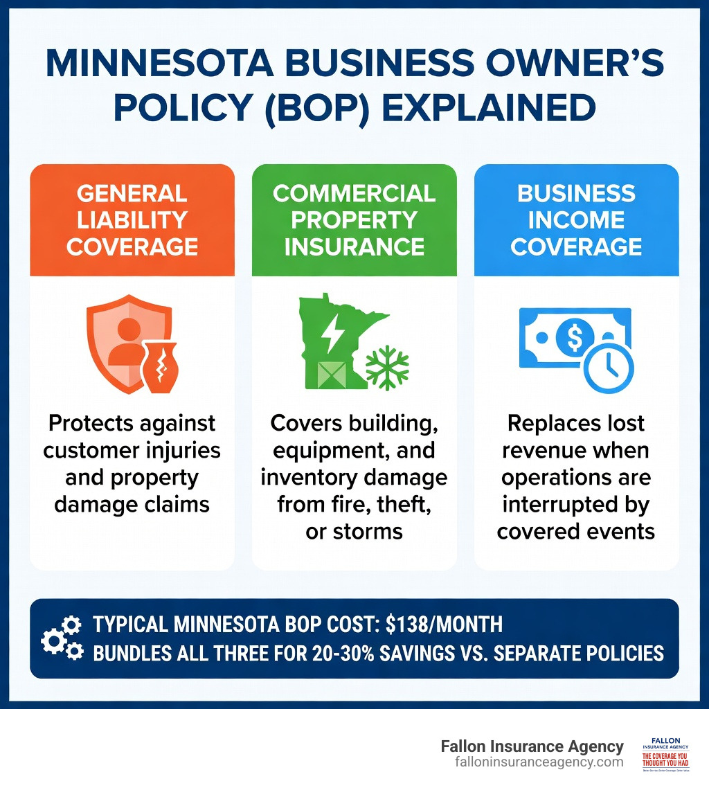 Infographic showing Business Owner's Policy components: General Liability Coverage protects against customer injuries and property damage claims; Commercial Property Insurance covers building, equipment, and inventory damage from fire, theft, or storms; Business Income Coverage replaces lost revenue when operations are interrupted by covered events; typical Minnesota BOP costs $138 per month and bundles all three for 20-30% savings versus separate policies - Affordable business policy Minnesota infographic 