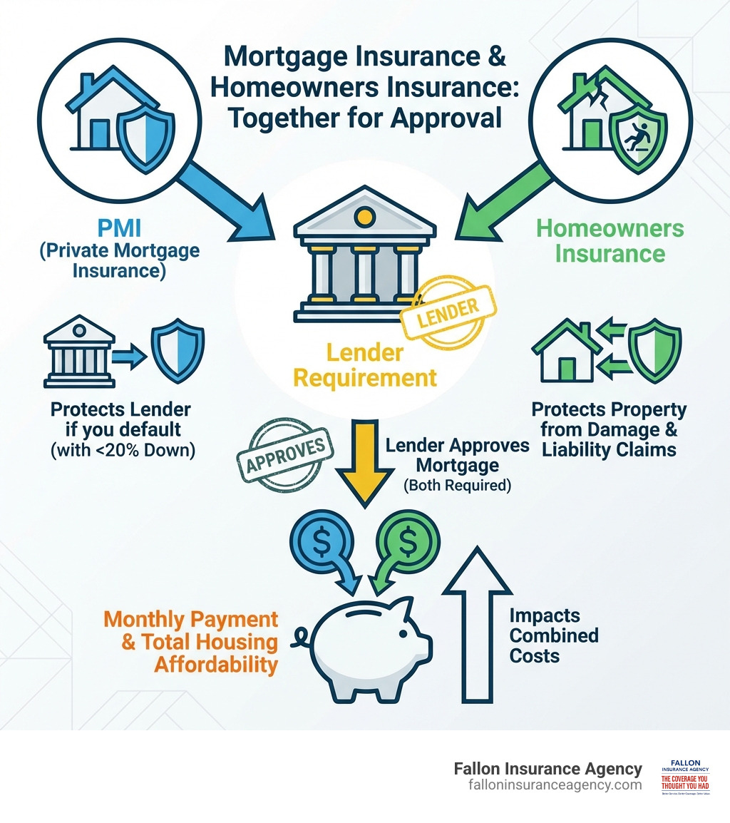 Infographic showing how mortgage insurance and homeowners insurance work together: PMI protects lender if you default with less than 20% down; homeowners insurance protects your property from damage and liability claims; lenders require both to approve most mortgages; combined costs impact your monthly payment and total housing affordability - Minnesota mortgage insurance comparison infographic 