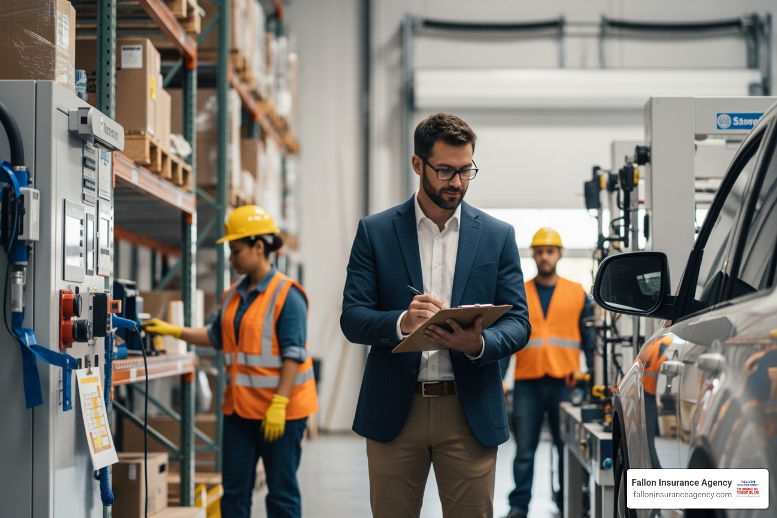 A business owner performing a safety audit in a warehouse - affordable business insurance wi