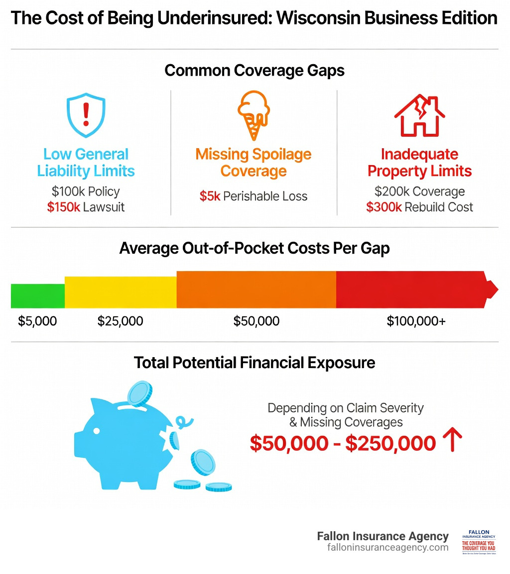 Infographic showing the financial impact of being underinsured for Wisconsin businesses: top section displays common coverage gaps like low liability limits ($100k vs $150k lawsuit), missing spoilage coverage ($5k perishable loss), and inadequate property limits ($200k dwelling vs $300k rebuild cost); middle section shows average out-of-pocket costs per gap ranging from $5,000 to $100,000+; bottom section illustrates total potential financial exposure for underinsured businesses at $50,000-$250,000 depending on claim severity and missing coverages - affordable business insurance wi infographic 
