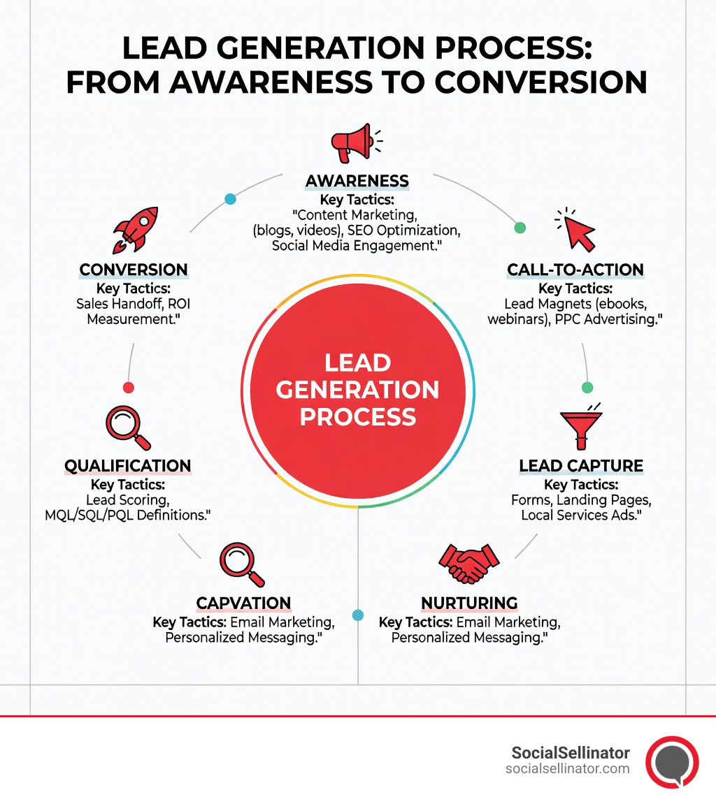 infographic showing the lead generation process from awareness through call-to-action, lead capture, nurturing, qualification, and conversion stages with key tactics at each step - How to get leads? infographic 